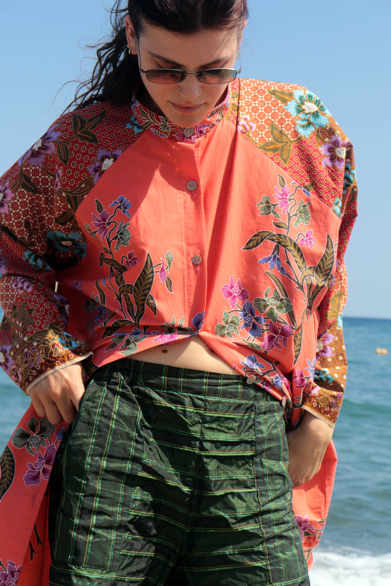 Oversized raglan shirt - Peach & red combo